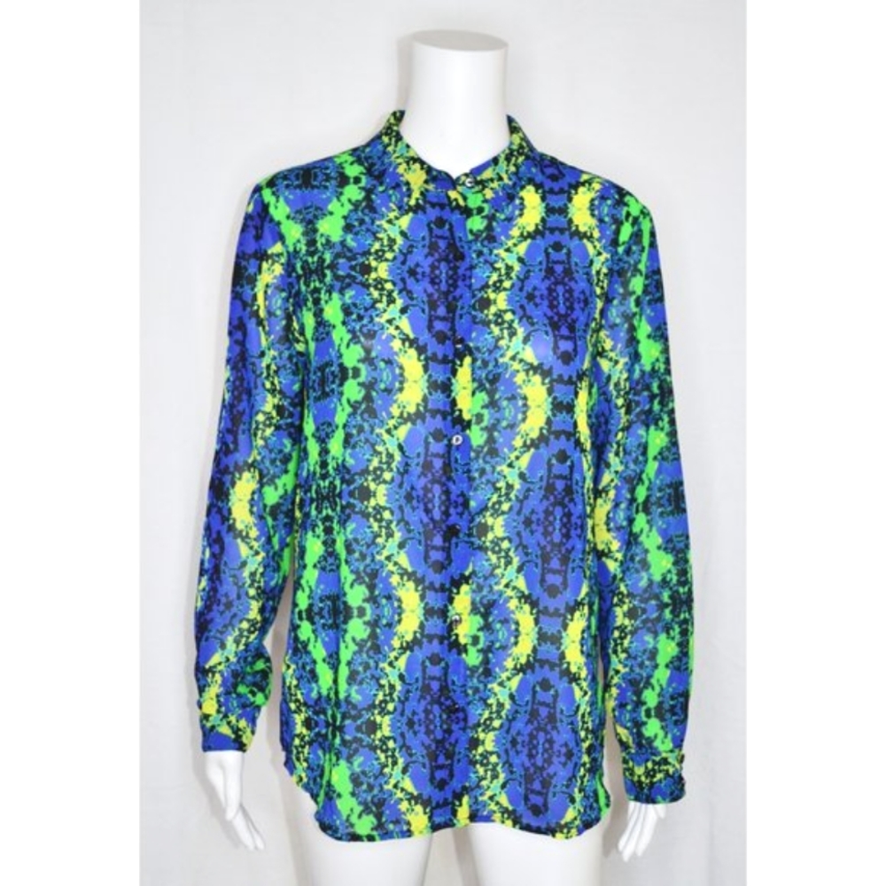 NWOT L’AMOUR Nanette Lepore Cut Out Back Button Down Shirt Colorful Size L
